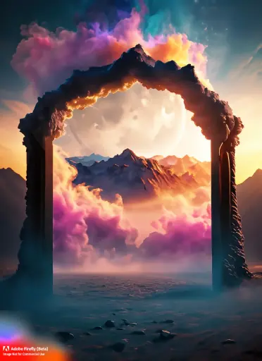 Firefly_Colorful+mist and smoke explosions as a gate a door Portal to another dimension and behind are the tops of the mountains with a sunrise and_photo,dramatic_light,digital_91050